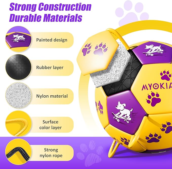 Size 2 Dog Soccer Ball with Straps Durable Training Ball for Pets Interactive Outdoor Dog Toy,Yellow & Purple, Paw and Puppy Design, for Small & Medium Puppie