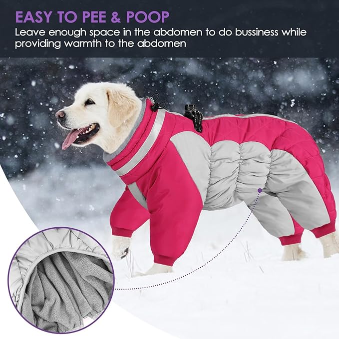 SUNFURA Full Body Dog Coat - Warm Fleece Jacket for Large Dogs, Turtleneck Winter Coats with Harness, Reflective Dog Snowsuit Windproof Puffer Jackets with Legs for Weimaraner, Hot Pink XL