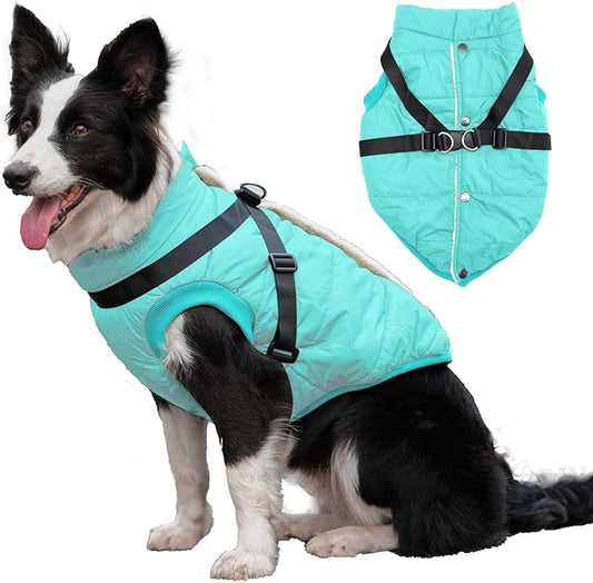 Dog Jacket with Harness,Fleece Lined Warm Puppy Coat for Winter,Soft Windproof Large Dog Vest,Bluegreen XXL