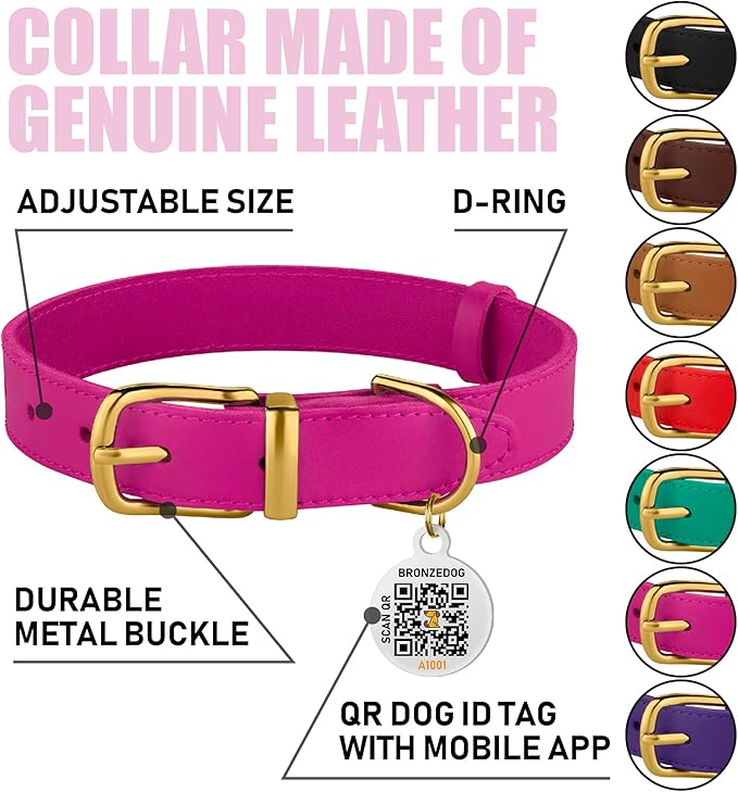 BRONZEDOG Leather Dog Collar with QR ID Tag Basic Pet Collars for Small Mini Dogs Cats Puppies (7-9 Inch (Pack of 1), Pink & Gold Buckle)