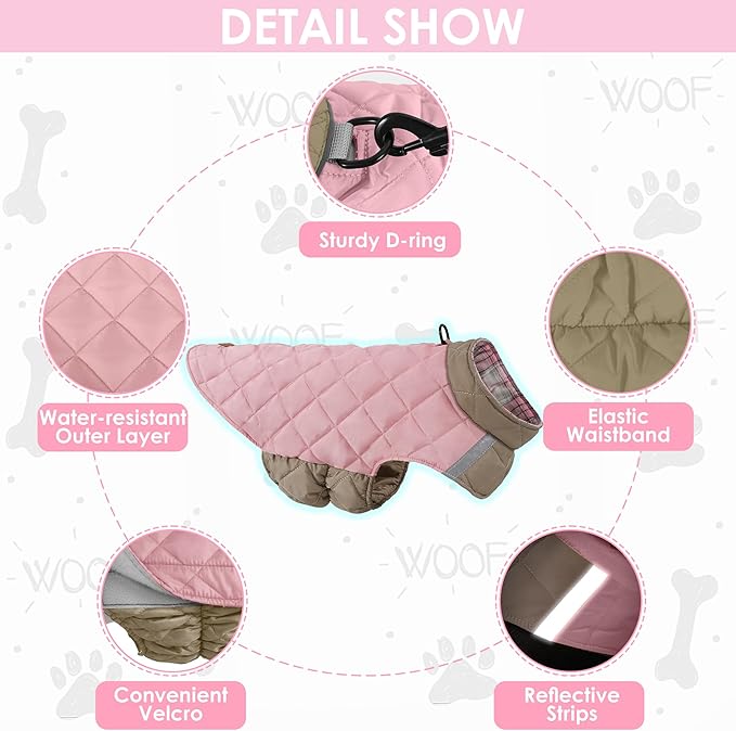 Quilted Dog Winter Coat, Plaid Lined Reversible Vest, Reflective Safety Strip, Cold Weather Pet Apparel Pink XXS