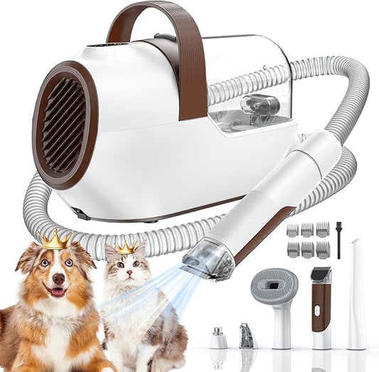 Dog Grooming Vacuum, Dog Grooming Kit with Pet Clipper Nail Grinder, 3 Suction Modes Dog Brush Vacuum with 6 Pet Grooming Tools (Coffee)