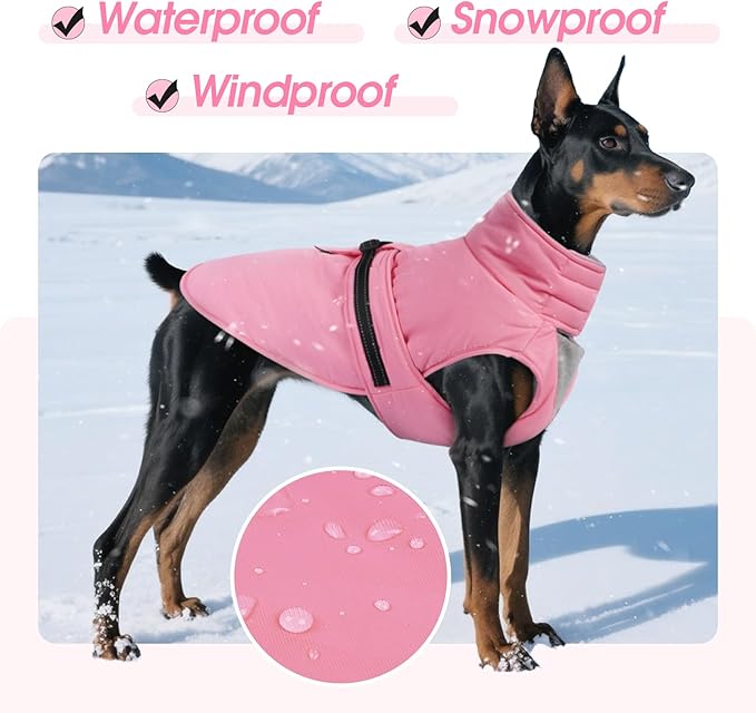 XL Dog Coat, Warm Dog Winter Jacket, Waterproof Dogs Snowsuit with Foldable High Collar, Reflective Strips, Leash Hole, and Adjustable Hook & Loop Closure - Ideal for Cold Weather - Pink XL
