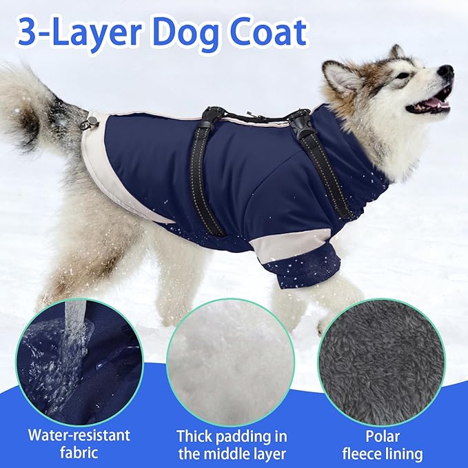 MIGOHI Dog Coat with Harness Built in, 2-in-1 Water-Resistant Dog Jacket, Reflective Snowsuit for Large Dogs, Fleece Lined with Turtleneck, Adjustable Buckle Coats, Border Collies, Navy Blue, XL