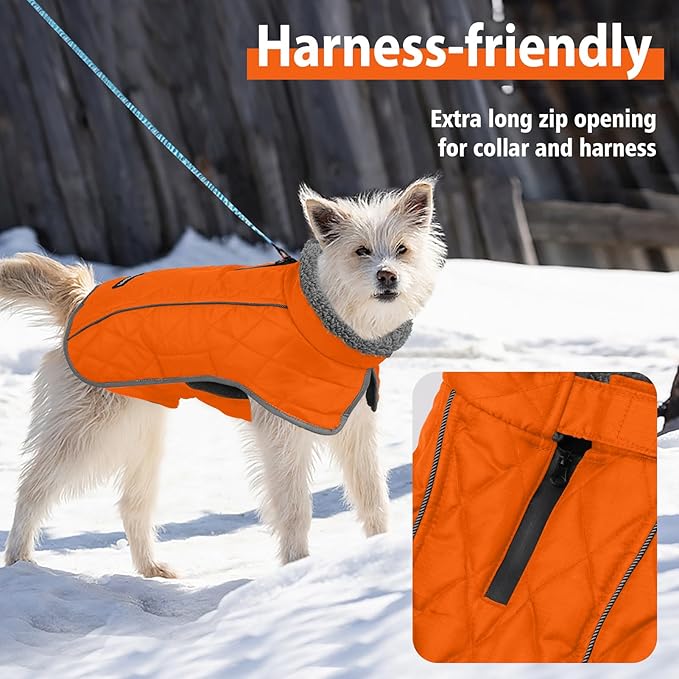 Fragralley Dog Coat Large, Waterproof Dog Jacket with Warm Fleece Lining, Adjustable Reflective Dogs Winter Coat, Turtleneck Pet Coats for Cold Weather (Orange L)