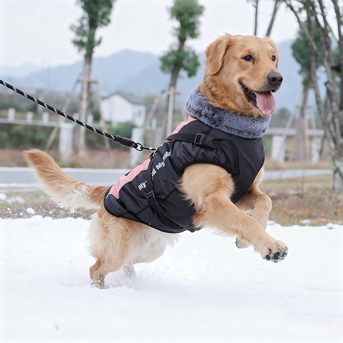 Dog Coat for Medium Large Dogs,Waterproof Reflective Dog Winter Jacket with Harness, Fleece Snowsuit,Warm Pet Winter Coat(pink-5XL)