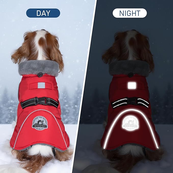 KYEESE Waterproof Dog Coat, Windproof Warm Winter Jacket with Thick Fleece Lined, Turtleneck Dog Coats for Small Dogs with Leash Hole, Reflective Outdoor Cold Weather Coat, Red, Medium