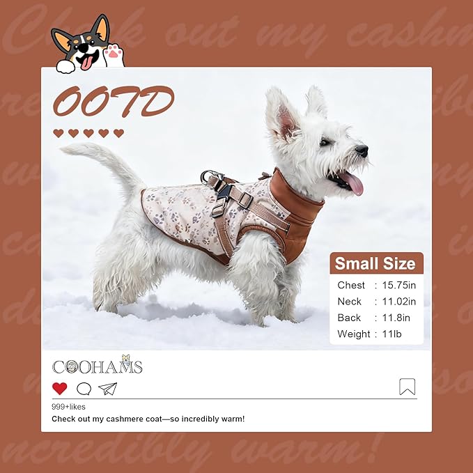 Dog Winter Coat for Small & Medium Dogs (Up to 32lb), Waterproof Dog Coat with Harness, Puppies Windproof Puppy Puffer Jacket, Snowsuit for Dachshund,Frenchie, Corgi (Paw Brown, XLarge)