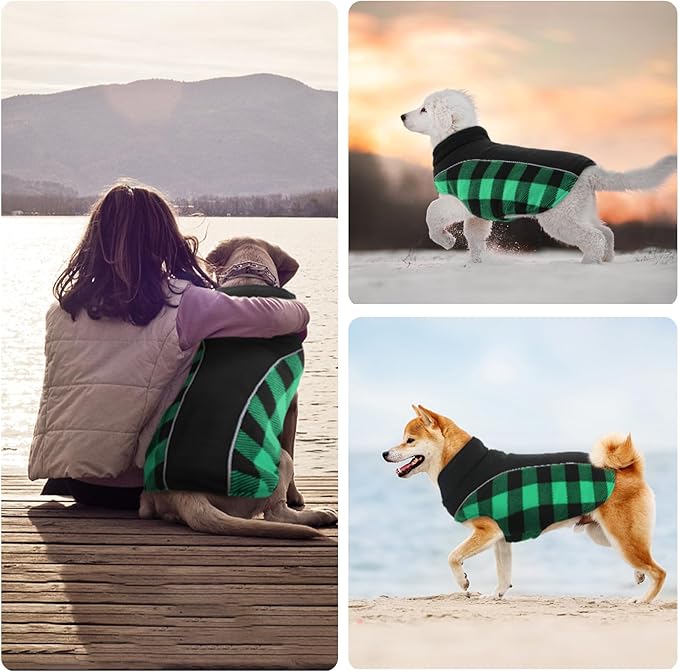 Kuoser Dog Winter Coat, Reversible Waterproof Dog Jacket with Leash Hole, Warm Dogs Fleece Vest Adjustable Doggy Cold Weather Clothes Plaid Christmas Outfit Pet Apparel for Extra Large Dogs, Green 3XL
