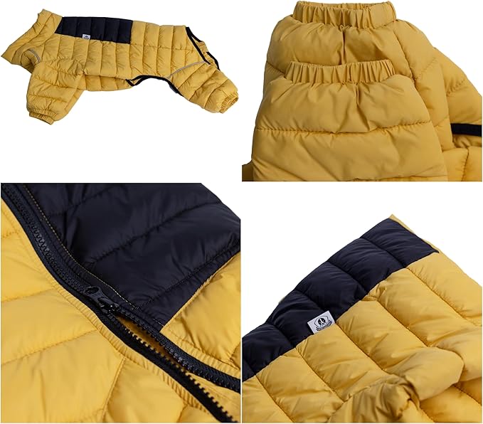 Warm Dog Coat, 4 Legs Covered Waterproof Windproof Reflective Jacket, Zippered Adjustable Outdoor Snow Vest for Small Medium Large Dogs Yellow XXXXL