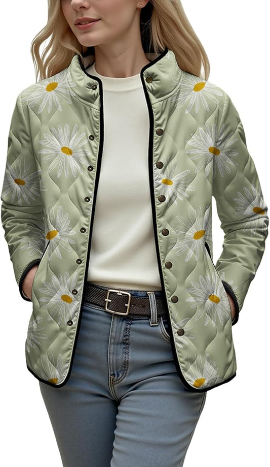 LIZALIG Women's Cropped Puffer Jacket Lightweight Floral Print Long Sleeve Padded Quilted Puffy Cardigan Coat
