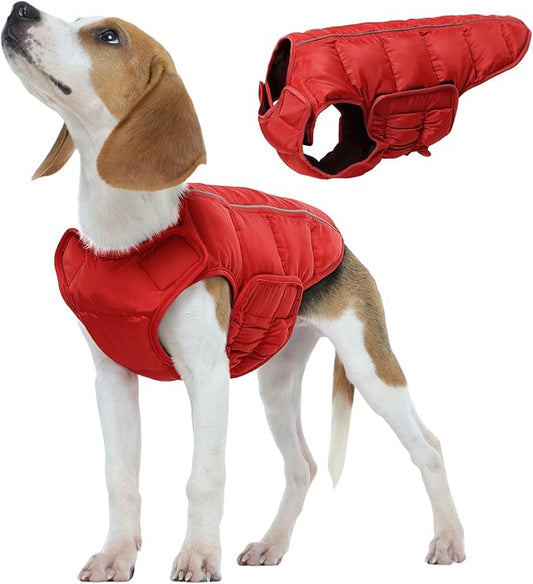 Kuoser Dog Puffer Jacket Warm Dog Coat for Small Medium Dogs, Windproof Reflective Pet Padded Vest Cold Weather Clothes Puppy Snowsuit with Hook & Loop Coats, Easy On/Off, Red M