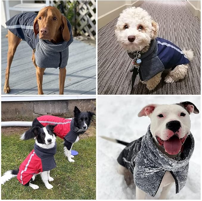 SlowTon Winter Dog Coat, Warm Polar Fleece Lining Doggie Outdoor Jacket with Turtleneck Scarf Reflective Stripe Adjustable Waterproof Windproof Puppy Vest Soft Pet Outfits (M+,Blue)