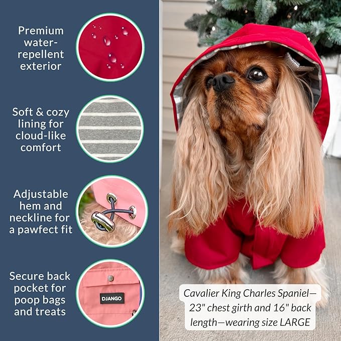 DJANGO Highland Dog Jacket & Raincoat – Water-Repellent, Lined Dog Coat with Hood, Adjustable Fit & Harness Hole – Lightweight Rain & Wind Jacket for Small & Medium Dogs up to 30 lbs (Red, Small)