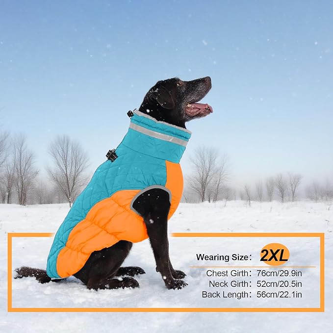 Warm Dog Coats for Large Dogs, Waterproof Dog Jacket with Harness Built in, Zipper Clousure, Fleece Lining, Turtleneck, for Cold Weather, Pet Snowsuit for Border Collie, Golden Retriever- XXL