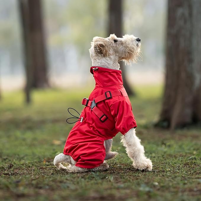Mile High Life Waterproof Dog Raincoat, Full Coverage Small Dog Rain Coat with Harness, Adjustable 4 Legs Puppy Rain Jacket with Reflective Strip and Elastic Cuffs (Red, S Back Length 13")