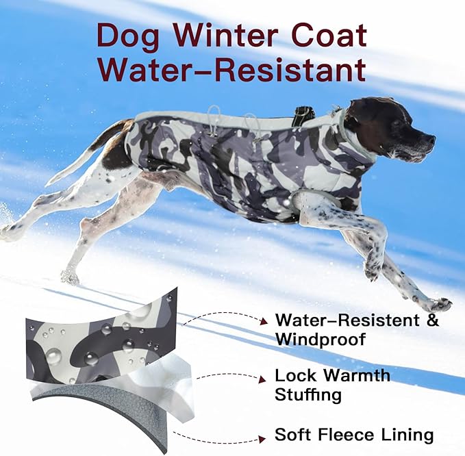 Dog Coat Dog Winter Jacket-3X Large, Warm Dog Coat Zip Up Snowsuit Dog Harness Vest Reflective Water-Resistant Dog Coat Dog Snow Jacket for Large Dogs Labrador, Huskyn, Grey-Camouflage