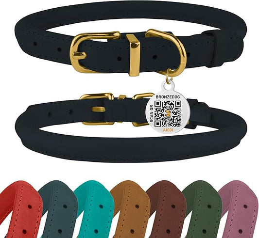 BronzeDog Rolled Leather Dog Collar with QR ID Tag, Adjustable Soft Round Collars for Small Medium Large Dogs Puppy (16" - 19" Neck Size, Dark Blue)