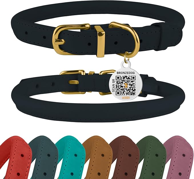 BronzeDog Rolled Leather Dog Collar with QR ID Tag, Adjustable Soft Round Collars for Small Medium Large Dogs Puppy (11" - 14 1/2" Neck Size, Dark Blue)