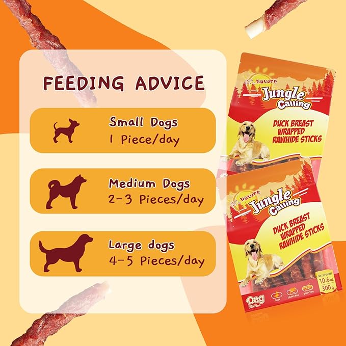 Jungle Calling Dog Treats, Duck Breast Wrapped Rawhide Sticks for Dogs, Grain-Free Natural Chewy Treats Picky Dogs, Puppy Chews Snacks,10.6 oz (Pack of 2)