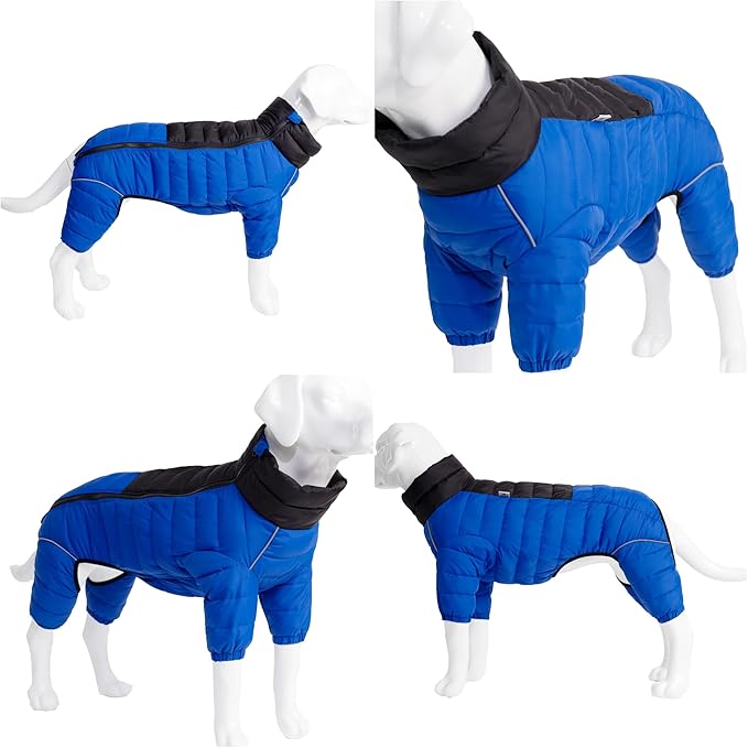 Warm Dog Jacket, 4 Legs Covered Waterproof Windproof Reflective Vest, Zippered Adjustable Outdoor Snow Jacket for Small to Large Dogs, Blue