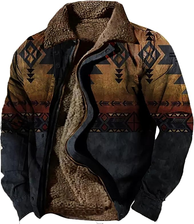LOAIHA Men's Western Aztec Vintage Print Sherpa Fleece Lined Jackets Casual Zipper Winter Warm Jacket Coats