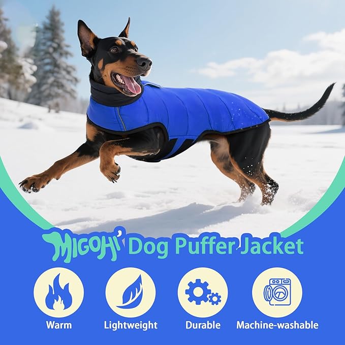 MIGOHI Lightweight Dog Coat, Windproof Dog Jacket, Puffer Jacket for Large Dogs, Padded Vest with Reflective Strips, Warm Snow Vest in Cold Weather, Easy On Hook & Loop Belly, Blue, 3XL
