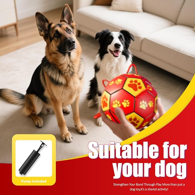 Size 3 Interactive Dog Soccer Ball with Strap, Red & Yellow, Eye-Catching Paw Prints Design, Ideal Outdoor Training Pet Toy, Perfect Choice for Medium & Large Dogs' Playtime