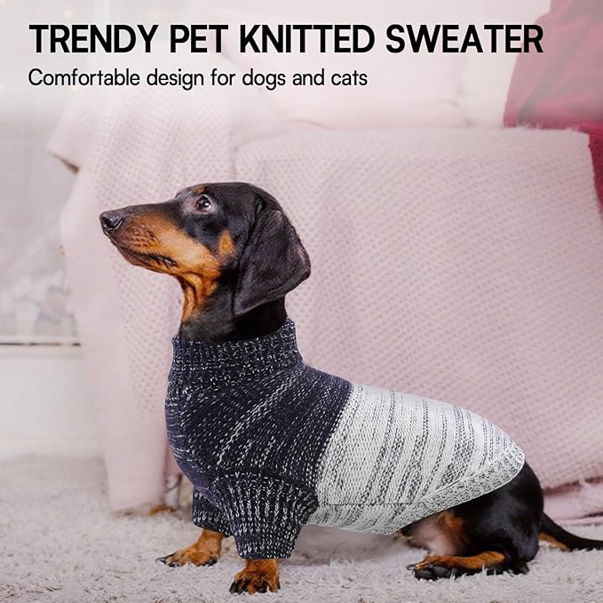 Queenmore Small Dog Sweater, Knitted Puppy Pullover, Soft Turtleneck, Long Sleeves, Blue, Small