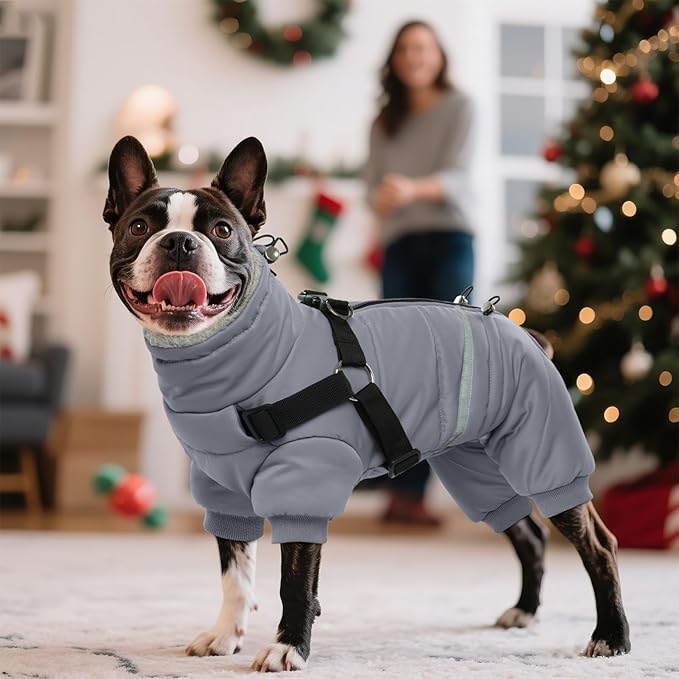 BRKURLEG Grey Dog Winter Coat, Cozy Winter Dog Jackets, Small Dogs Coat with Harness, Onesie Body Warm Puppy Jacket, Pet Reflective Windproof Cold Weather Jackets, Puppy Four-Legged Puffer Coats, M