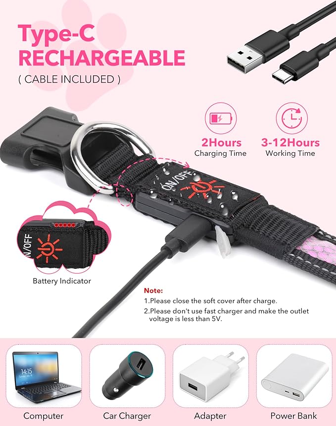 Weesiber Light Up Dog Collar, USB Rechargeable LED Dog Collar Glow in The Dark, Adjustable Reflective Waterproof Dog Collar Light for Night Walking(Pink, M)
