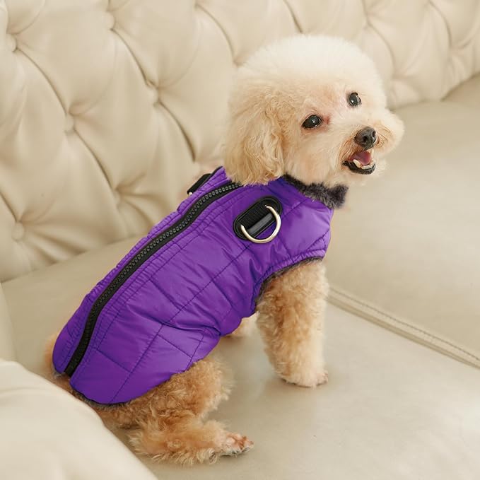 Warm Fleece Dog Coats with Durable Harness Buitl in D-Ring,Waterproof Puppy Jacket for Small Dogs,Dog Vest for Cold Winter,Purple S