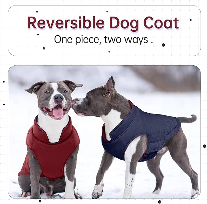 Lelepet Reversible Dog Coat Waterproof Dog Jacket Windproof Puffer Vest for Winter Warm Lightweight Coats for Medium Dogs Adjustbale Hook & Loop Pet Apparel with Leash Hole, French Bulldog, Wine Red L