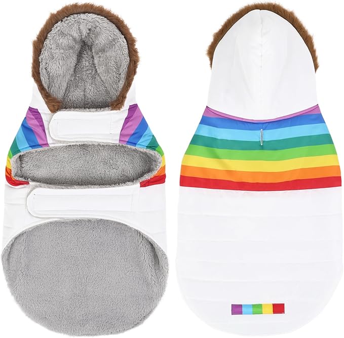 HDE Dog Puffer Jacket Fleece Lined Warm Dog Parka Winter Coat with Harness Hole White Rainbow Stripe - XL