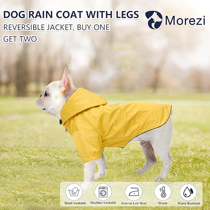 Dog Raincoat Dogs Waterproof Reversible rain Jacket Dog Small Medium Breeds Reflective Zipper Storage Pocket Harness Hole - Yellow - S