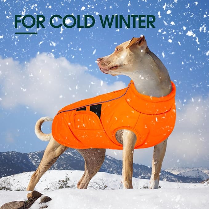Kuoser Large Dog Coat, Winter Waterproof Dog Jackets for Large Dogs, Reflective Doggie Vest with Leash Hole, Cold Weather Coats Pet Snow Jacket for Labrador Beagle, Orange XXL