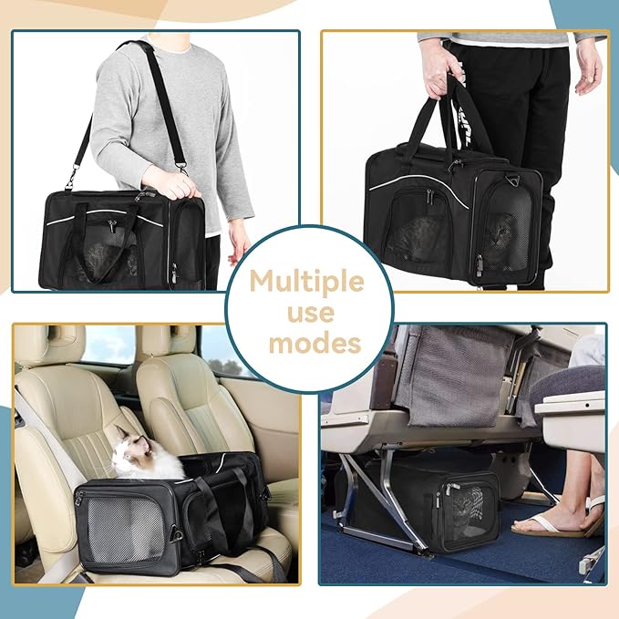 Petsfit Airline Approved Pet Carrier for Small Cats, 15x8x10 TSA Approved Carrier, with Removable Dual-Sided Padding (2-Way Placement) - Fits Under Most Airplane Seats, Escape Proof (Black)