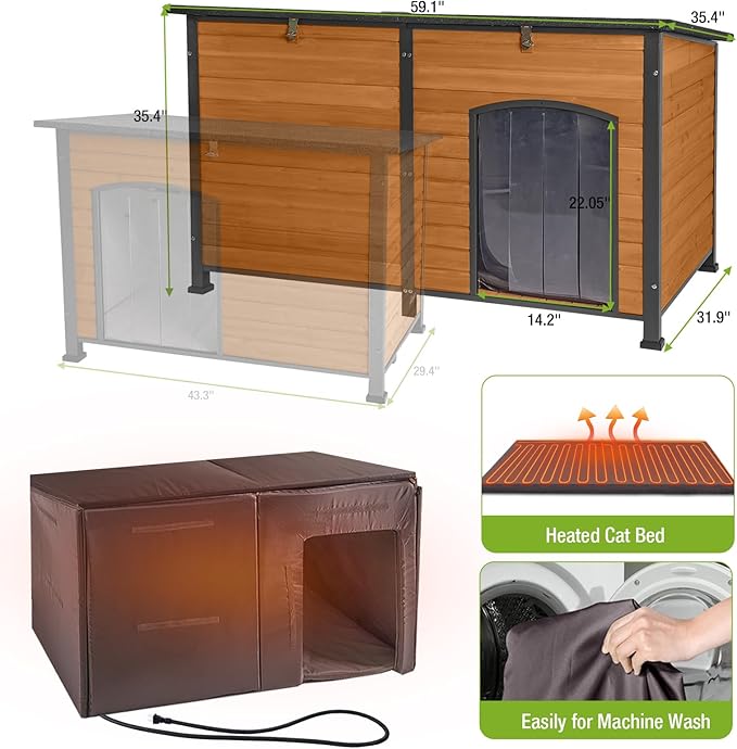 GUTINNEEN Extra Large Heated Dog House for Large Dogs, 6-Sided Insulated Outdoor Dog House with Thermostat Heating Pad, Metal Frame, Insulated Liner, Weatherproof Warm Shelter for Winter Use, Brown