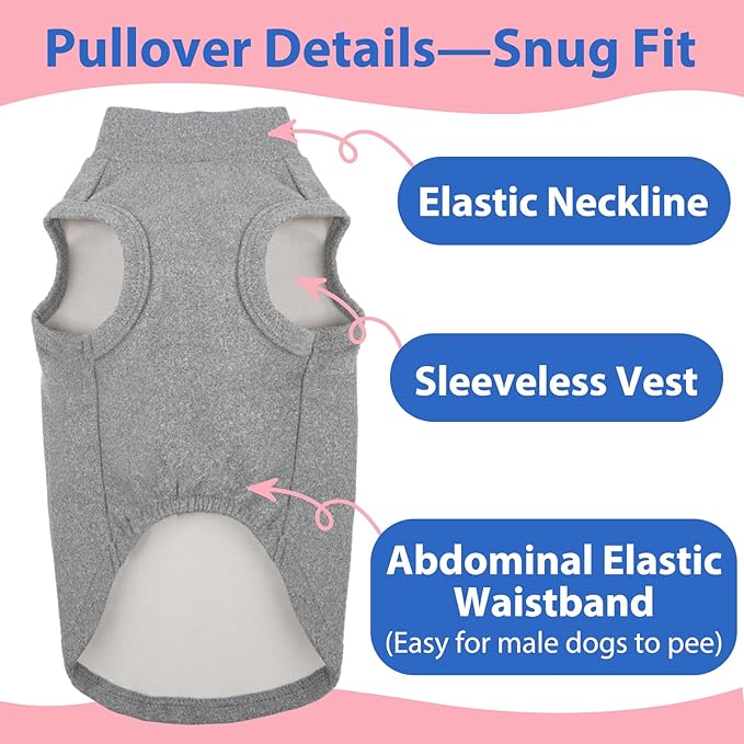 Dog Fleece Vest - Grey, L - Soft Warm Sleeveless Sweater | Stretchable Sweatshirt for Small Breeds, Lightweight for Outoor Walking, Dachshund Clothes, Mini Schnauzer