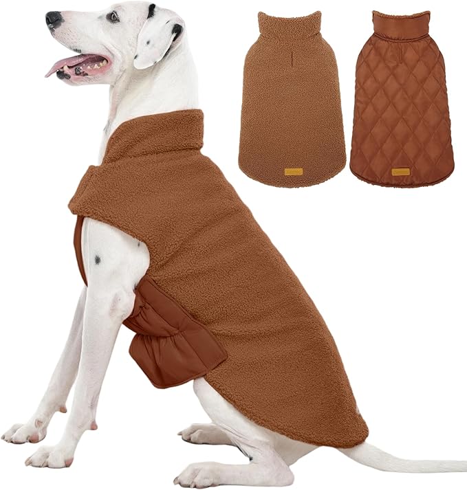 Kuoser Reversible Dog Coat – Warm Fleece & Quilted Waterproof Dog Jacket, Double-Sided Cold Weather Dogs Winter Coat with Harness Hole, Windproof Pet Snow Vest for Small Medium Large Dogs, Brown XL