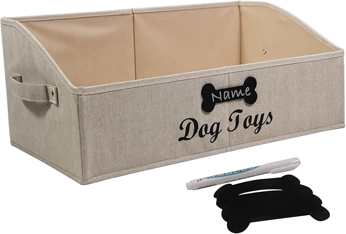 Large Dog Toy Basket Collapsible Dog Toy Box Fabric Trapezoid Dog Toy Bin Storage for organizing pet Toys/Blankets/leashes/Rope Toys/Clothing-Can be Personalized-KhakiStripe