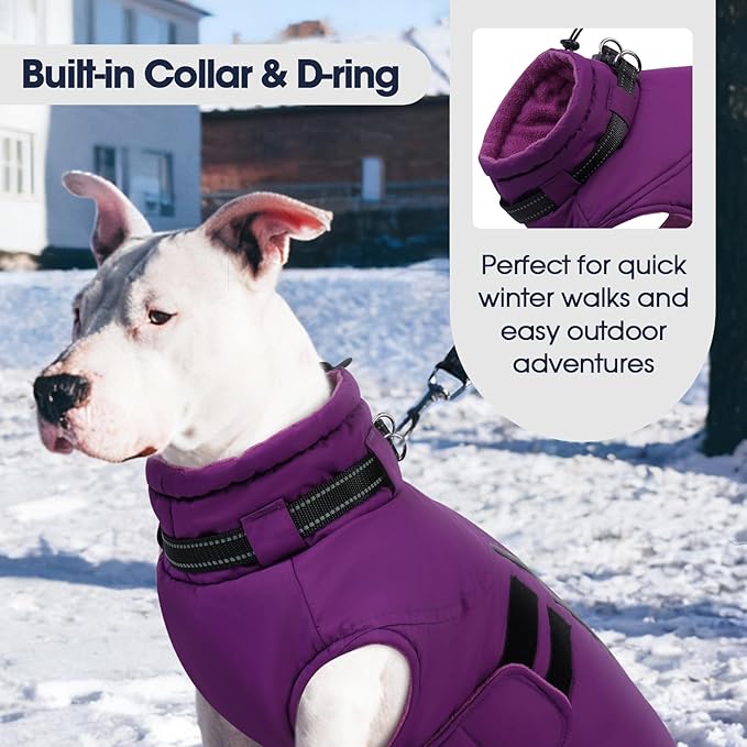 IECOii XXXL Dog Coat for Large Dogs Waterproof Dog Jacket with Collar Built in, Reflective Winter Jacket with Fleece Lined Warm Cold Weather Coats for Extra Large Dogs, Great Dane, Purple - 3XL