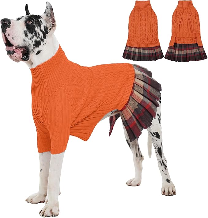 IECOii Girl Dog Sweater Dress, Great Dane Sweaters for Girl Dogs, Orange, 5XL, Extra Large Dog Sweater for Female Dogs Pet Winter Dress for Giant Breeds - Xmas Turtleneck Knitwear for Cold Weather