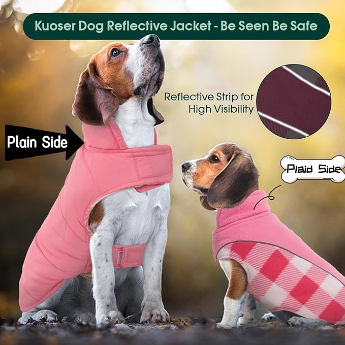 Kuoser Dog Winter Coat, Reversible Waterproof Dog Jacket with Reflective Strip, Warm Dogs Fleece Vest Adjustable Doggy Cold Weather Clothes Plaid Christmas Outfit Pet Apparel for Large Dogs, Pink XL