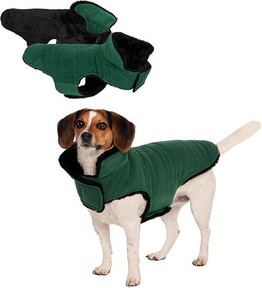 Furhaven Reversible Small Dog Coat, Washable & Insulating w/ Leash Access - Faux Fur & Quilted Fleece Flex-Fit Jacket - Black/Green, Small