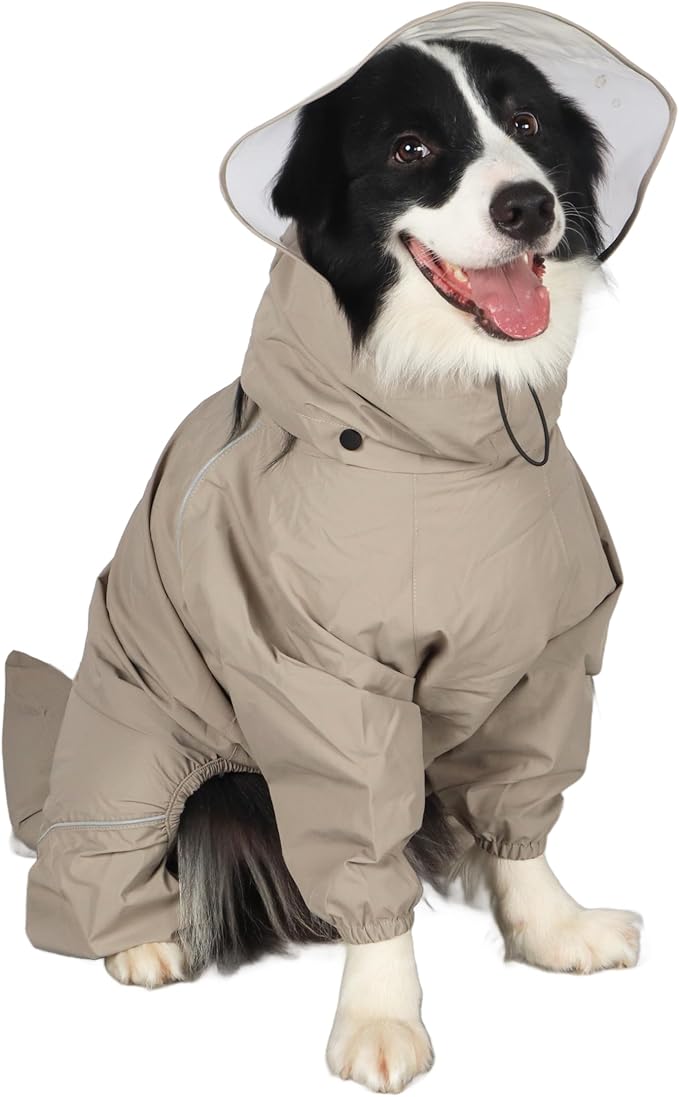 Dog Raincoat for Medium Large Dogs,rain Jacket Coat, Full Leg Coverage Waterproof Rain Suit with Detachable Hood & Tail, Reflective Strips, Snag-Free Top Zipper (Khaki for Boy, X-Small)