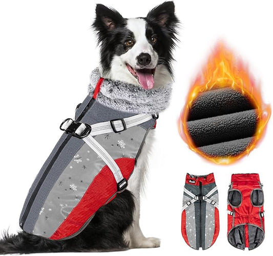 SlowTon Dog Jacket with Harness Built in - Waterproof Fleece Winter Warm Dog Coats for Small Medium Dogs, Reflective Adjustable Furry Puppy Vest Clothes for Outdoor Walking (R, L)