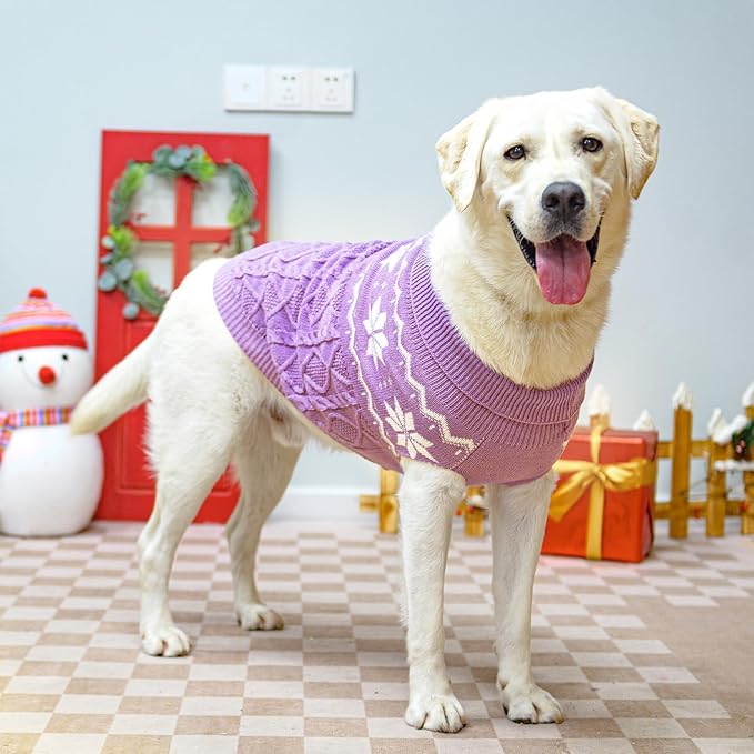 Warm Winter Pink Dog Sweater - Cold Weather Pet Clothes for Small Medium Large Dogs Indoor Outdoor, Soft Classic Knit Puppy Apparel Coat, Purple, ML