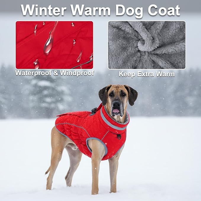 Dog Coat, Warm Dog Winter Coat for Large Dogs, Waterproof Jacket with Harness Built in, Reflective Turtleneck Cold Weather Coats with Zipper,Pet Fleece Vest Snow Jacket, Red XL