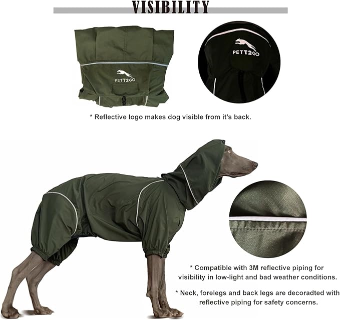 Dog Lightweight Windbreaker, Dog Outdoor 4-Legs Jacket, 0.5 lbs,Durable Water Repellent, Hooded, Easy on/Off with Collar and Harness, Reflective, Packable,Dark Olive -Large (Male)